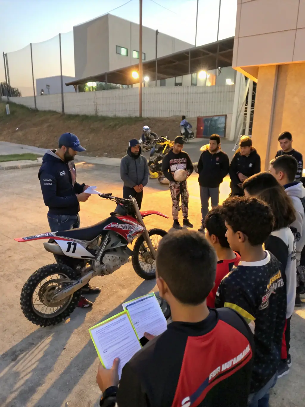 A motocross coach providing personalized instruction to a rider on track, demonstrating proper techniques and offering feedback. The image emphasizes the importance of professional coaching in skill development.