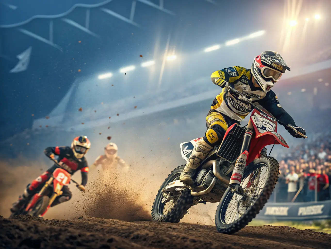 A photograph capturing the excitement of a motocross event, with riders competing and spectators cheering.