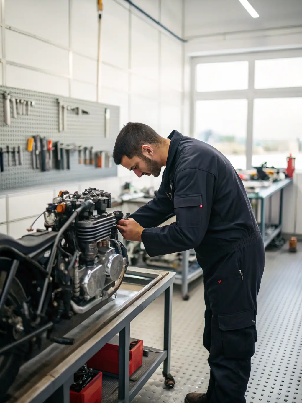 A close-up shot of a motocross bike being meticulously maintained in the MOTO CLUB DE PRANZAC workshop, highlighting the importance of equipment care and technical expertise.